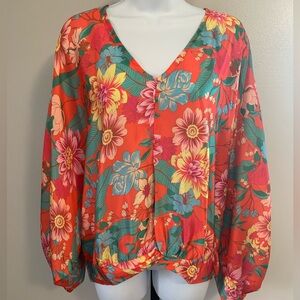 NWT Umgee Orange Floral V-Neck Blouse with Teal & Yellow Accents